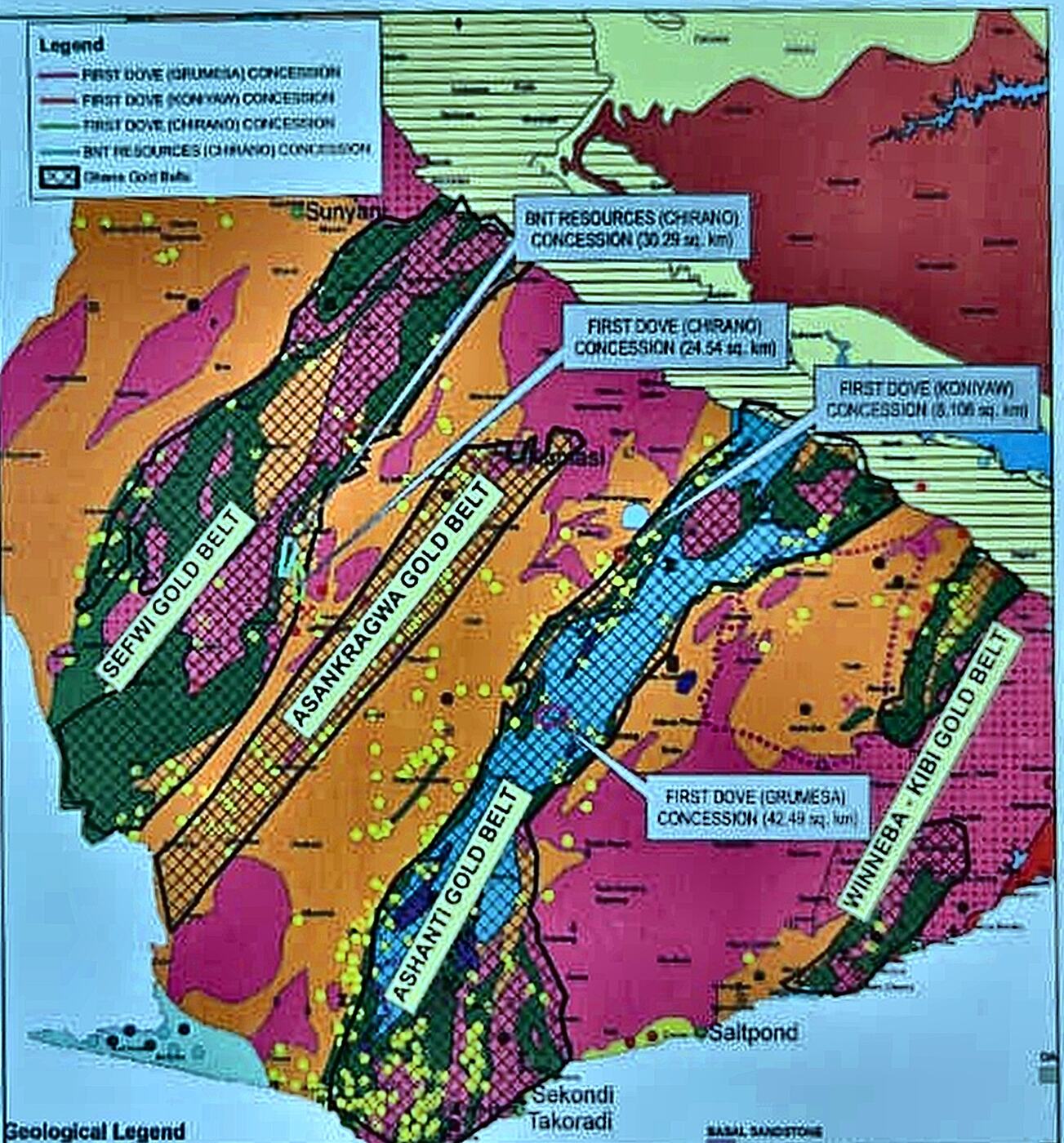 Ghana geological survey base with First Dove concession outlines across the gold belts
