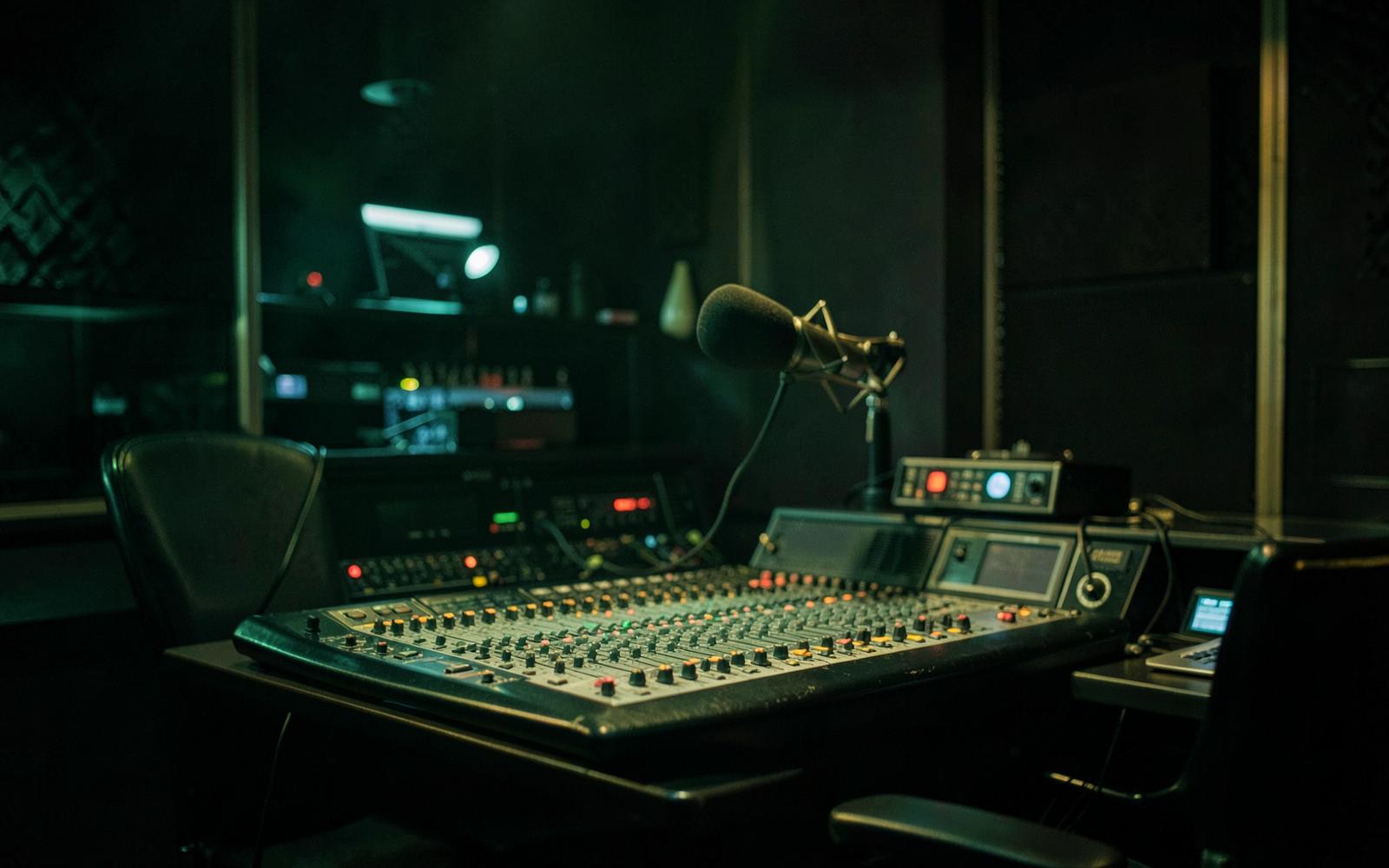 Radio broadcast studio with microphone and mixing desk